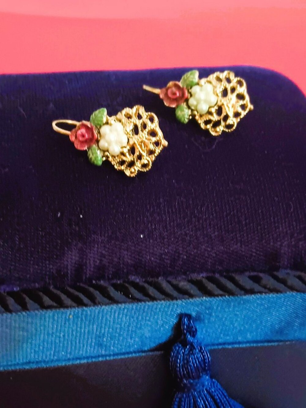 1928 Enamel Rose Pearl Drop Earrings Vtg Gold Tone Filigree Dangle Leverbacks
